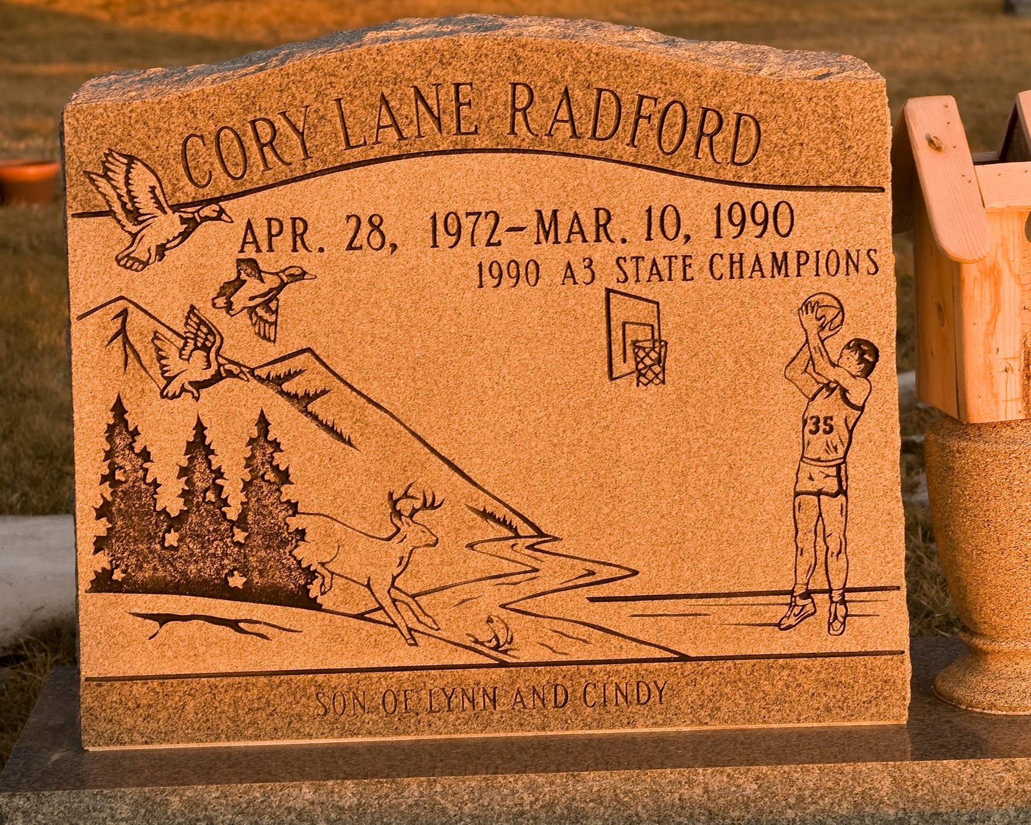Headstone of Cory Lane Radford — 1990 A3 State Champions